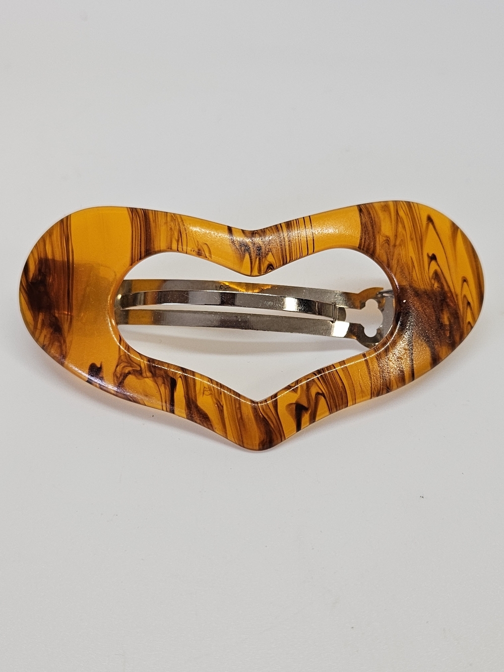 VINTAGE Brown Marbled Acrylic Open Heart Shaped French Barrette